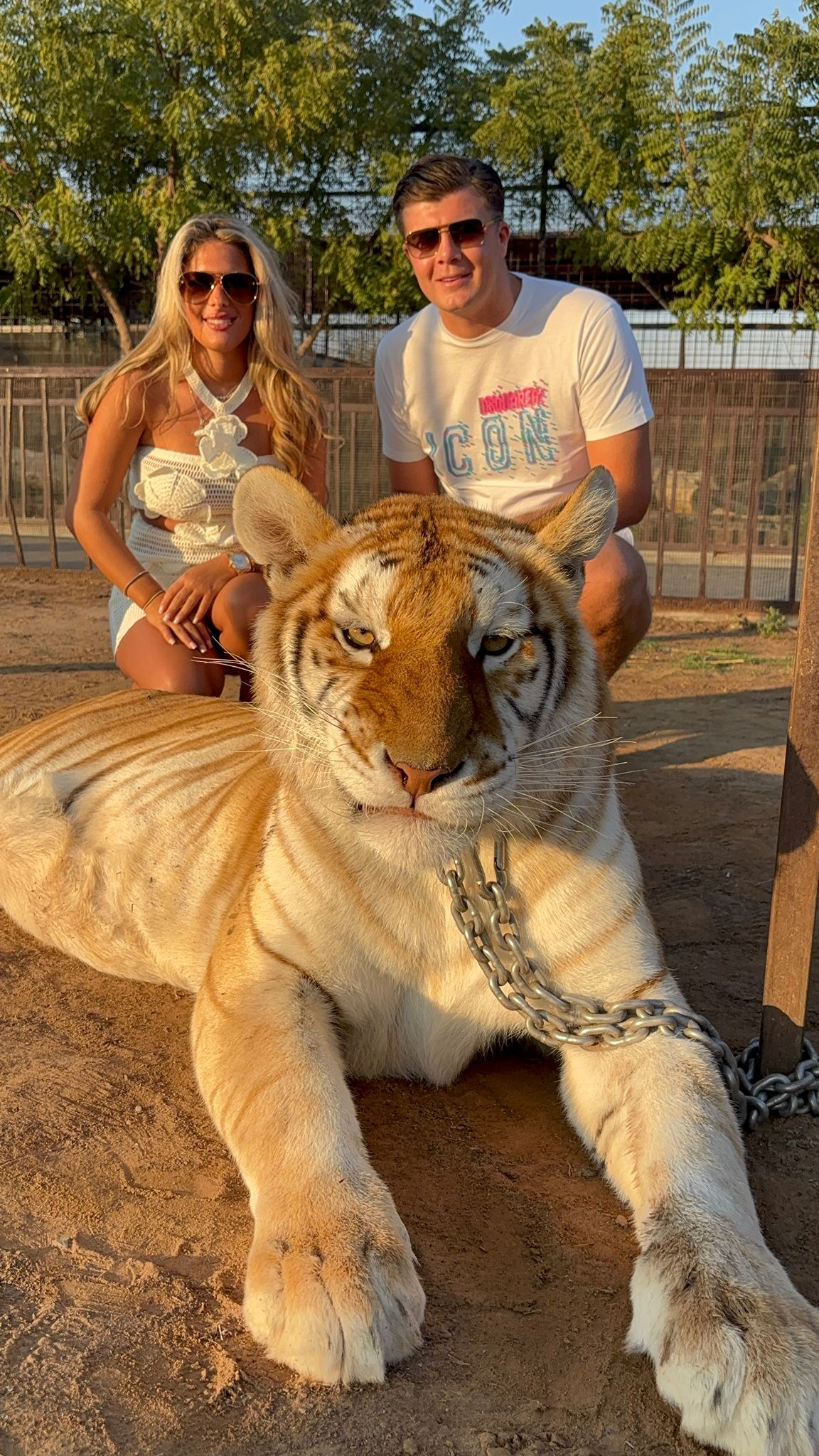 Mia and Luke with a tiger on a desert safari